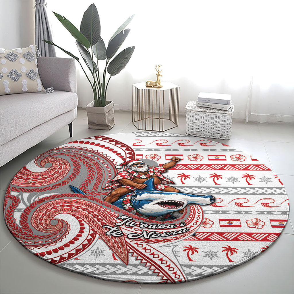 French Polynesian Christmas Round Carpet Santa Riding Hammerhead Shark Tahitian DT05 - Polynesian Pride