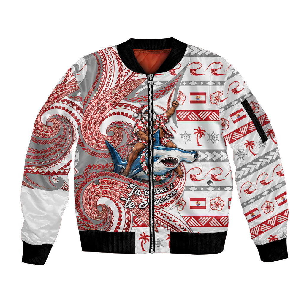 French Polynesian Christmas Sleeve Zip Bomber Jacket Santa Riding Hammerhead Shark Tahitian