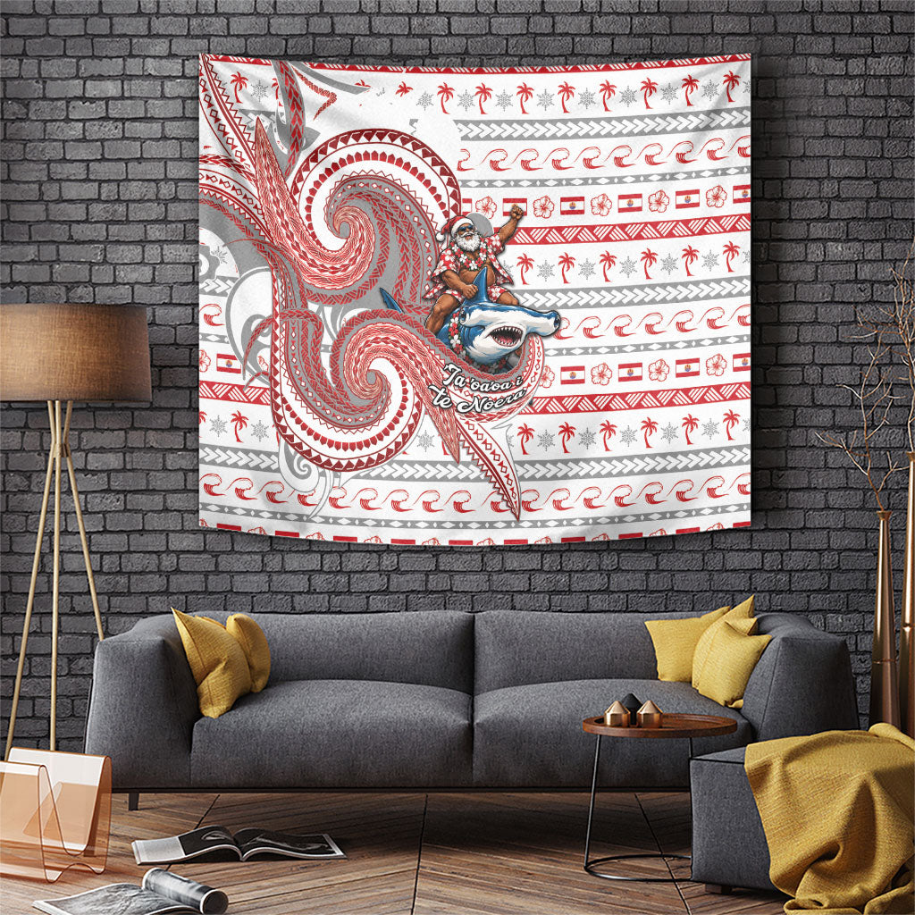 French Polynesian Christmas Tapestry Santa Riding Hammerhead Shark Tahitian DT05 White - Polynesian Pride