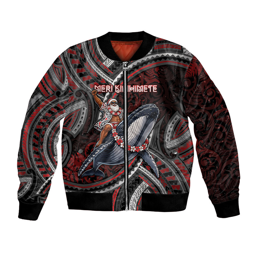 Aotearoa Christmas Bomber Jacket Santa Riding Humpback Whale Maori Koru DT05 Unisex Red - Polynesian Pride