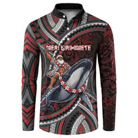Aotearoa Christmas Button Sweatshirt Santa Riding Humpback Whale Maori Koru DT05 Red - Polynesian Pride