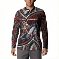 Aotearoa Christmas Button Sweatshirt Santa Riding Humpback Whale Maori Koru DT05 - Polynesian Pride