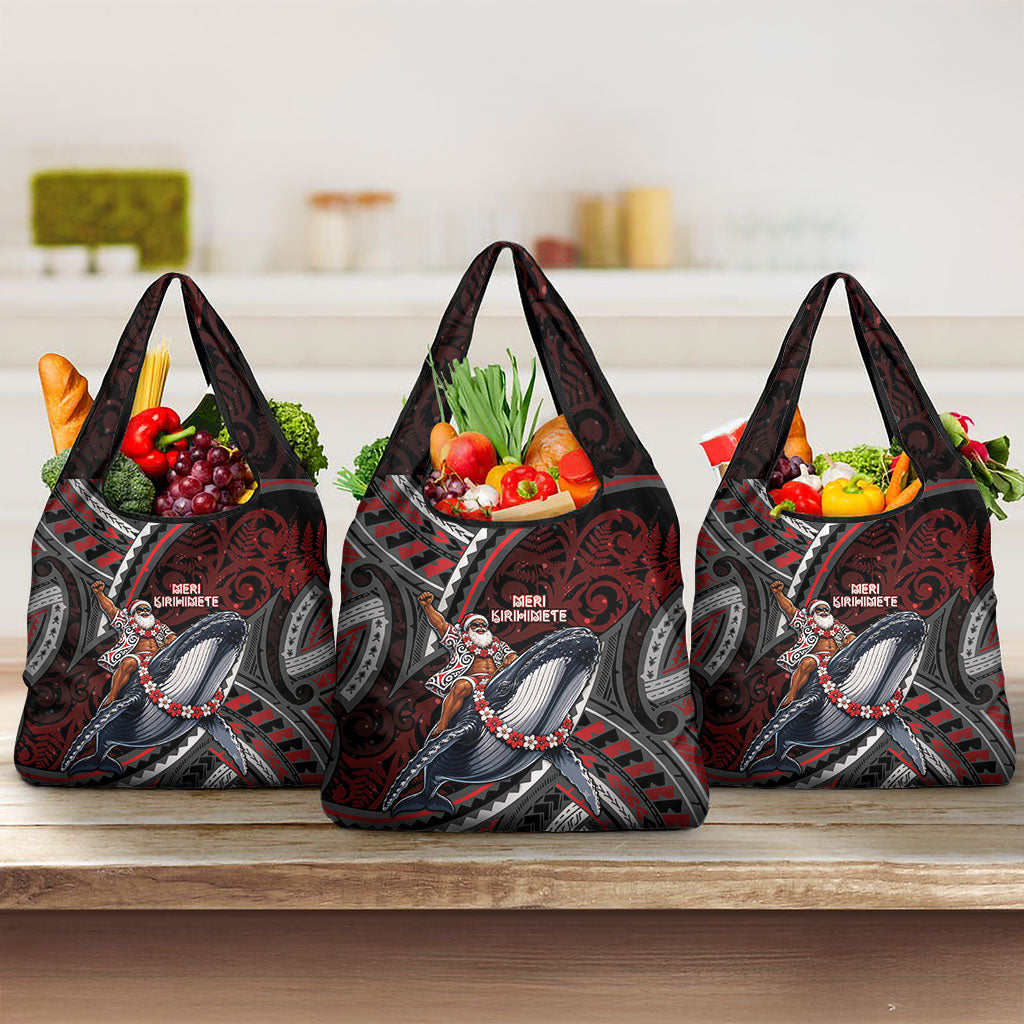 Aotearoa Christmas Grocery Bag Santa Riding Humpback Whale Maori Koru DT05 3-pack One Size Red - Polynesian Pride