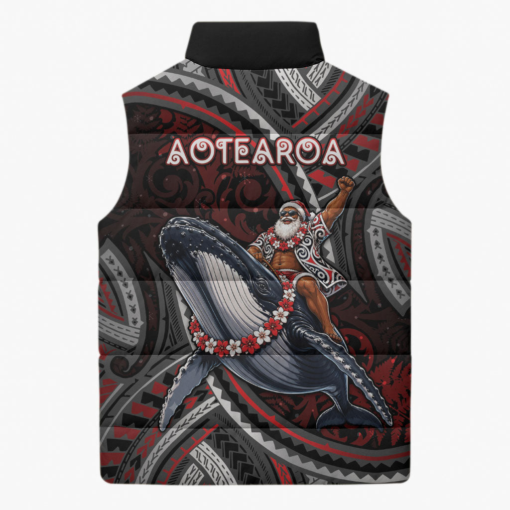 Aotearoa Christmas Sleeveless Puffer Jacket Santa Riding Humpback Whale Maori Koru DT05 - Polynesian Pride