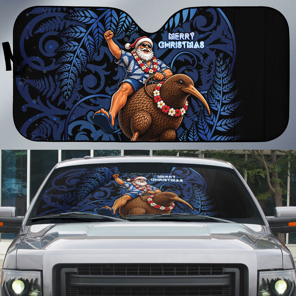 New Zealand Christmas Auto Sun Shade Santa Riding Kiwi Bird Silver Fern DT05 Navy - Polynesian Pride