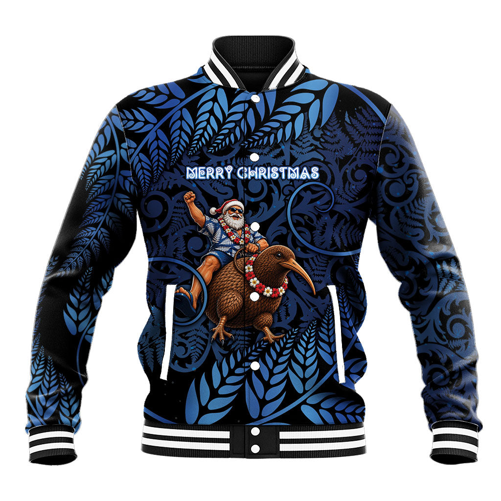 New Zealand Christmas Baseball Jacket Santa Riding Kiwi Bird Silver Fern DT05 Unisex Navy - Polynesian Pride