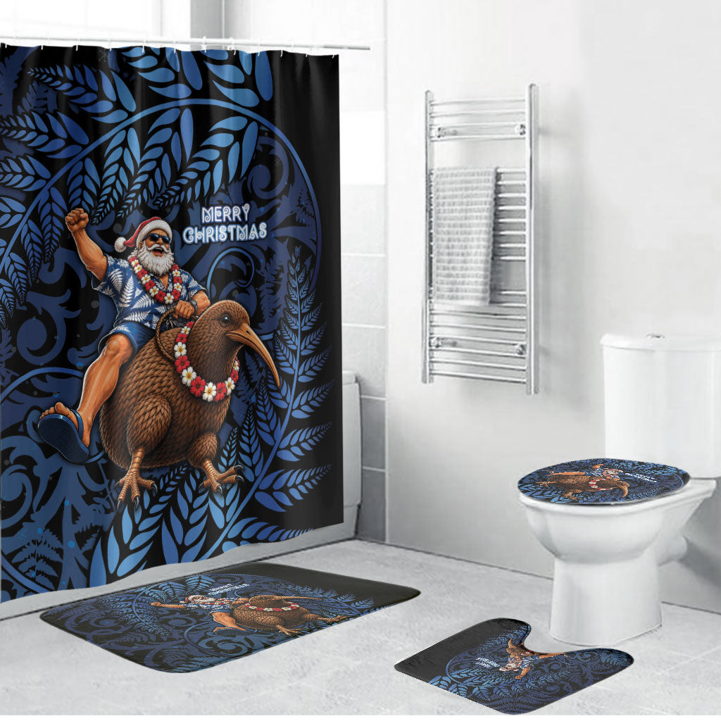 New Zealand Christmas Bathroom Set Santa Riding Kiwi Bird Silver Fern DT05 Bathroom Set (4 pcs) Navy - Polynesian Pride