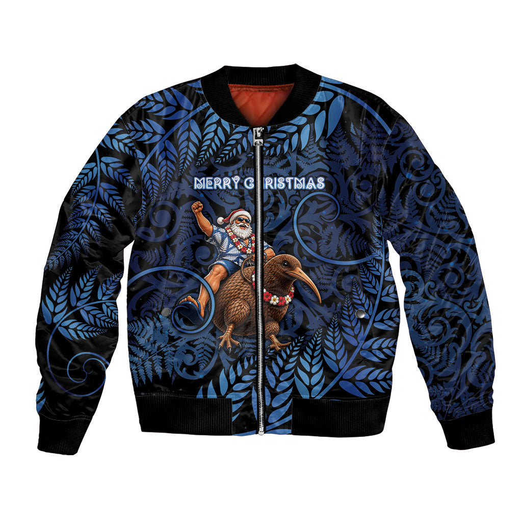 New Zealand Christmas Bomber Jacket Santa Riding Kiwi Bird Silver Fern DT05 Unisex Navy - Polynesian Pride