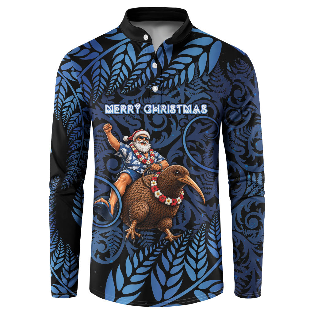 New Zealand Christmas Button Sweatshirt Santa Riding Kiwi Bird Silver Fern DT05 Navy - Polynesian Pride