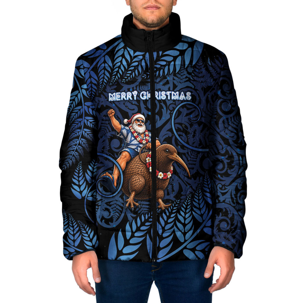 New Zealand Christmas Padded Jacket Santa Riding Kiwi Bird Silver Fern