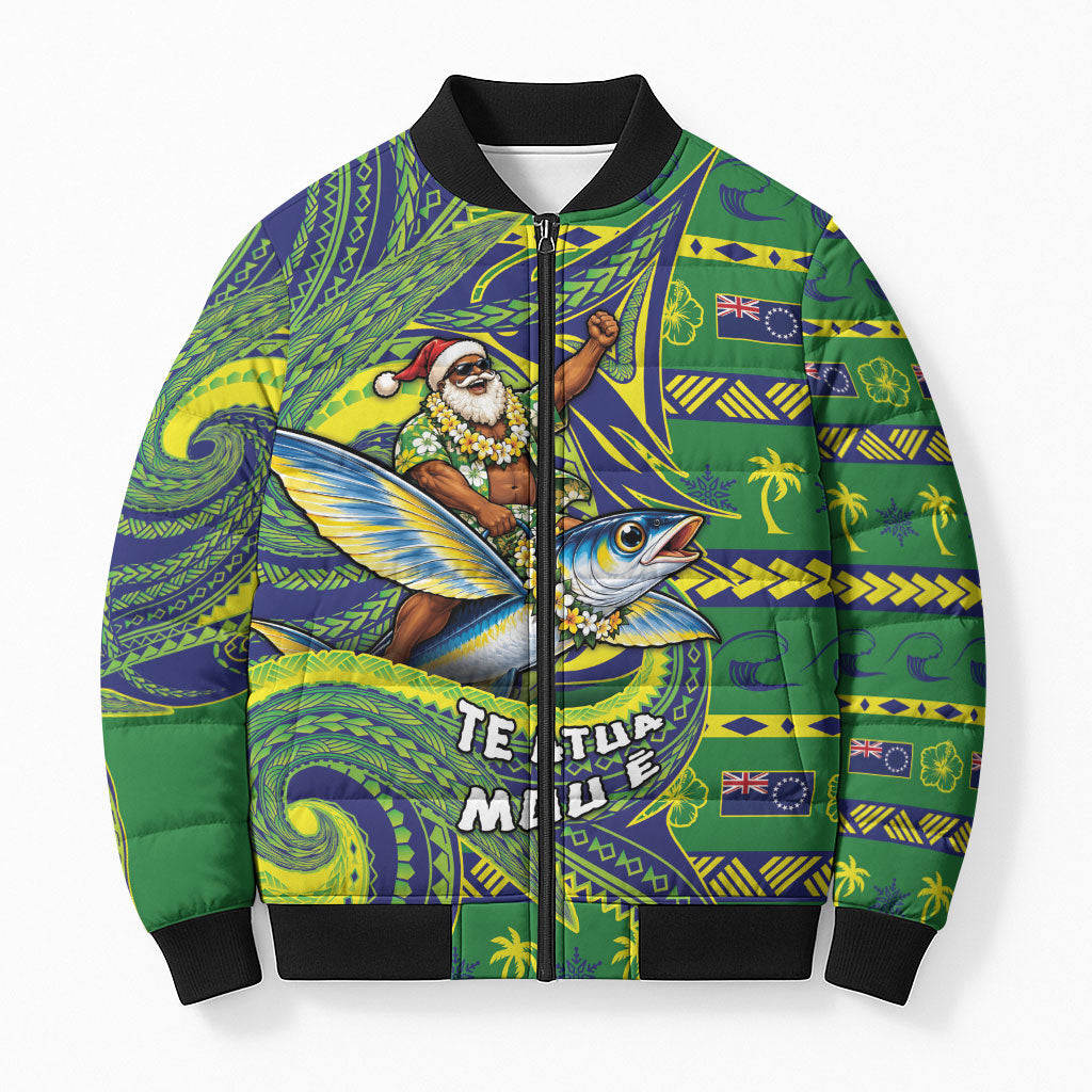 Cook Islands Christmas Bomber Puffer Jacket Santa Riding Flying Fish
