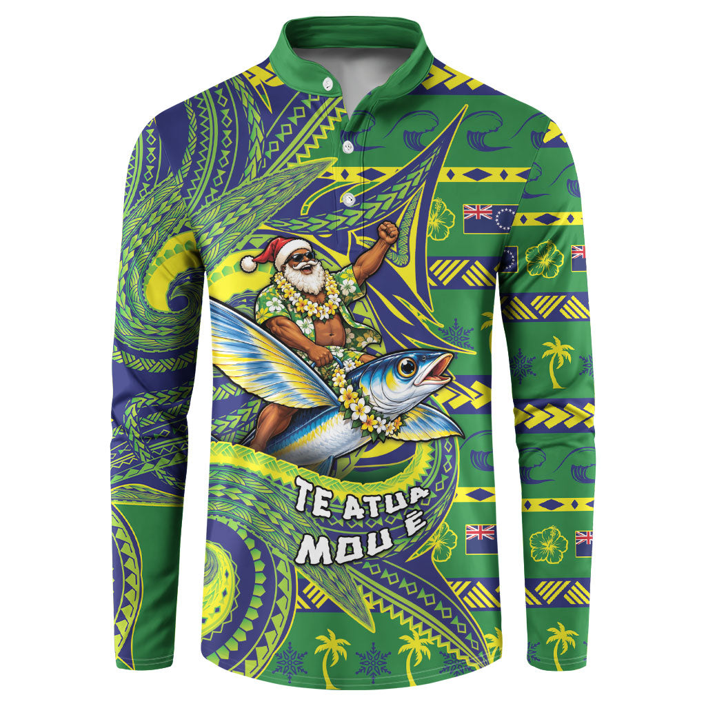 Cook Islands Christmas Button Sweatshirt Santa Riding Flying Fish DT05 Green - Polynesian Pride