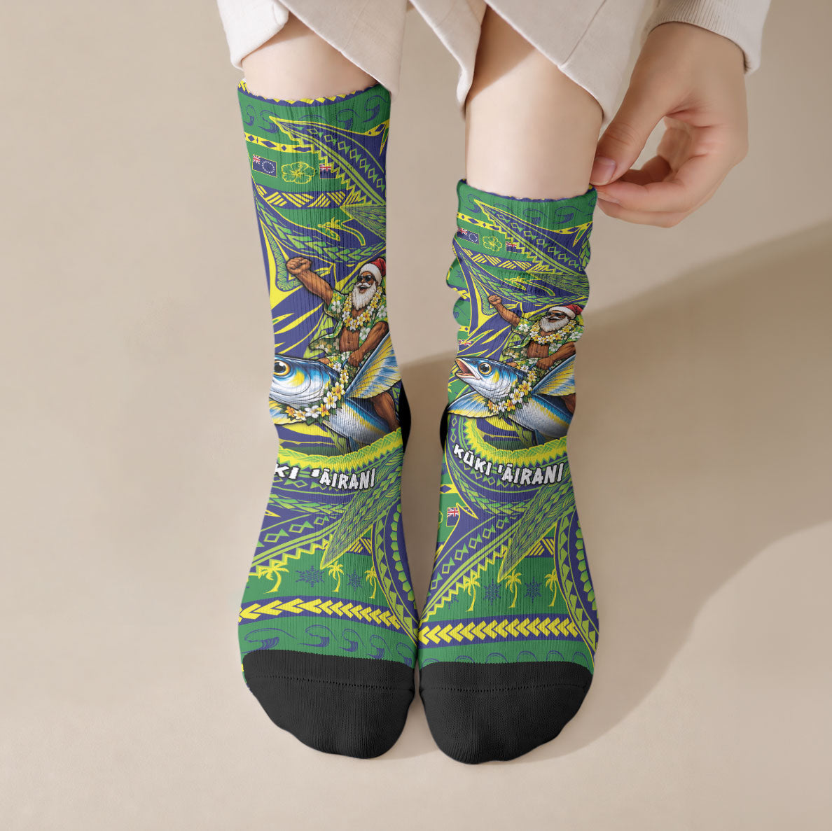 Cook Islands Christmas Crew Socks Santa Riding Flying Fish