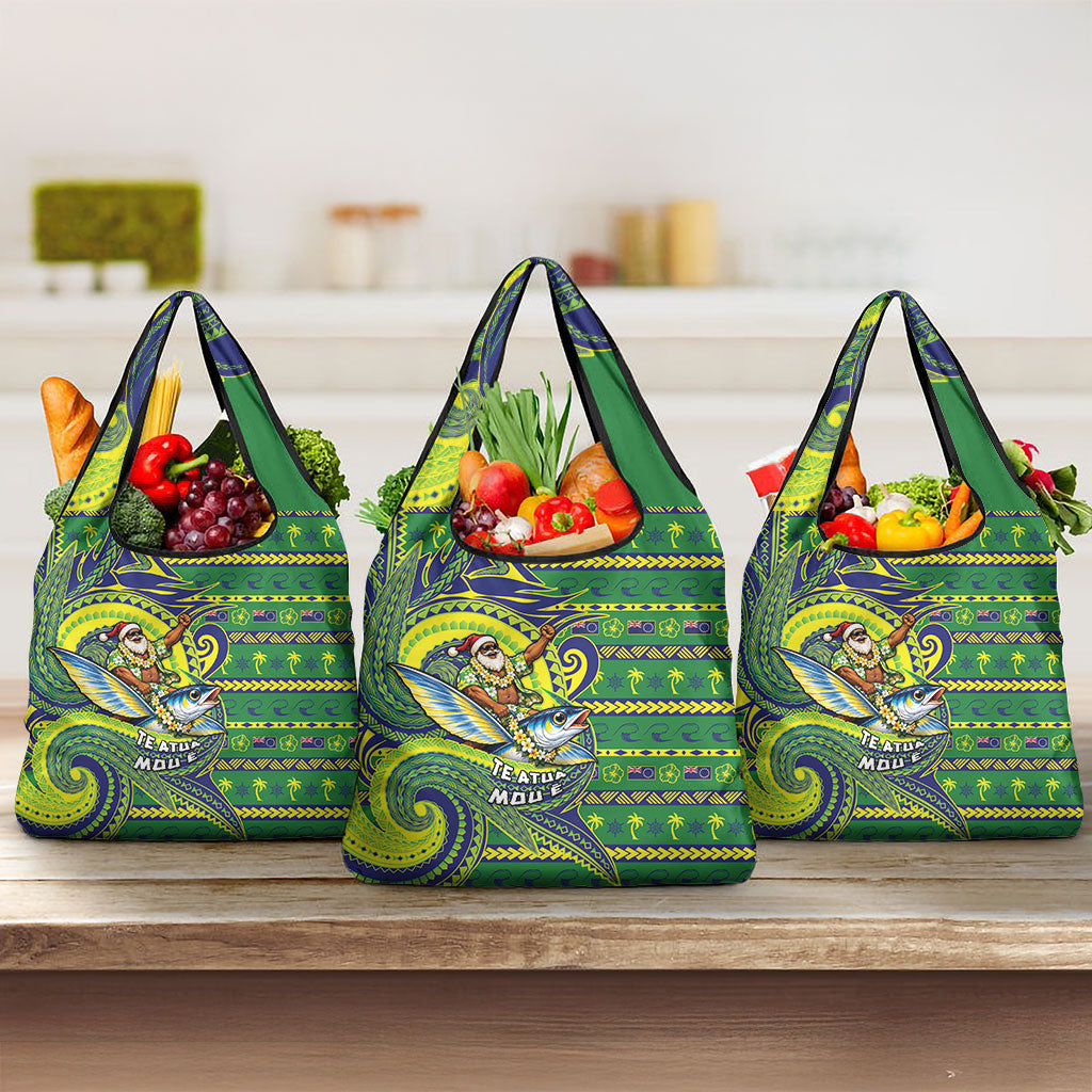 Cook Islands Christmas Grocery Bag Santa Riding Flying Fish DT05 3-pack One Size Green - Polynesian Pride