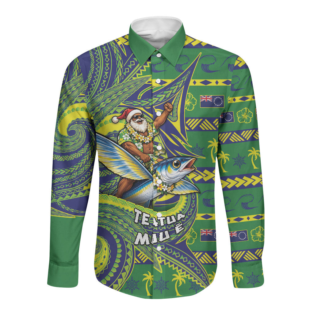 Cook Islands Christmas Long Sleeve Button Shirt Santa Riding Flying Fish DT05 Unisex Green - Polynesian Pride