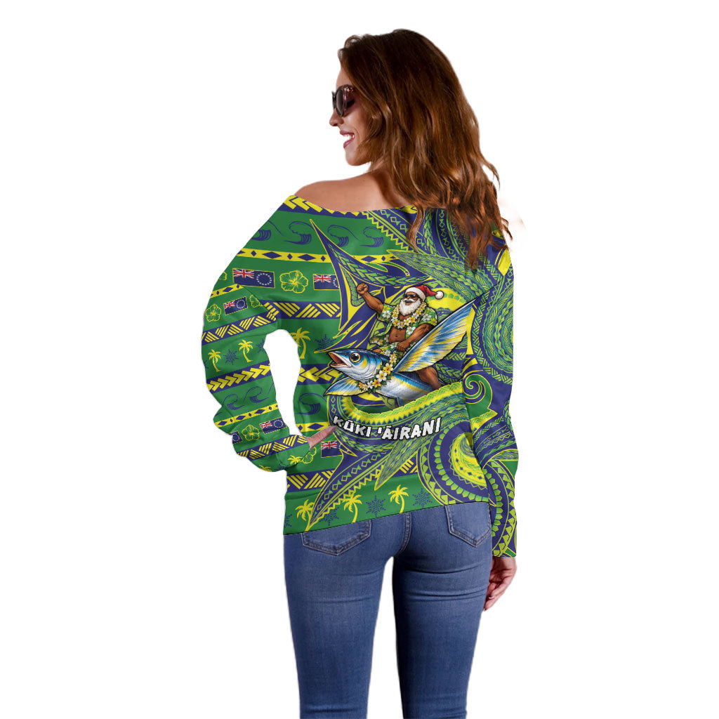 Cook Islands Christmas Off Shoulder Sweater Santa Riding Flying Fish DT05 - Polynesian Pride