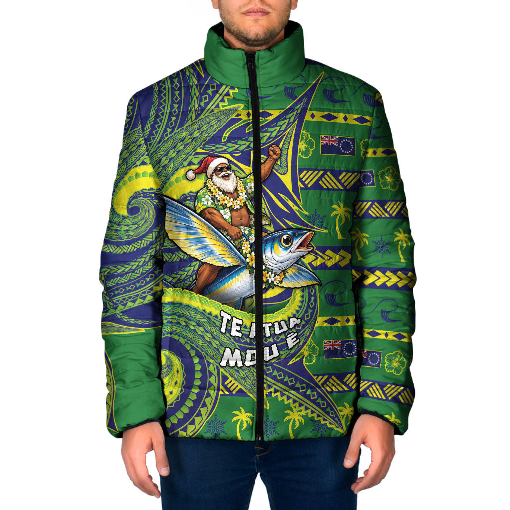 Cook Islands Christmas Padded Jacket Santa Riding Flying Fish