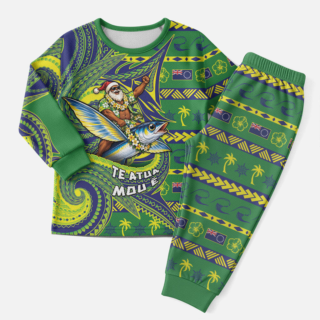 Cook Islands Christmas Pajama Set Santa Riding Flying Fish DT05 Men Green - Polynesian Pride