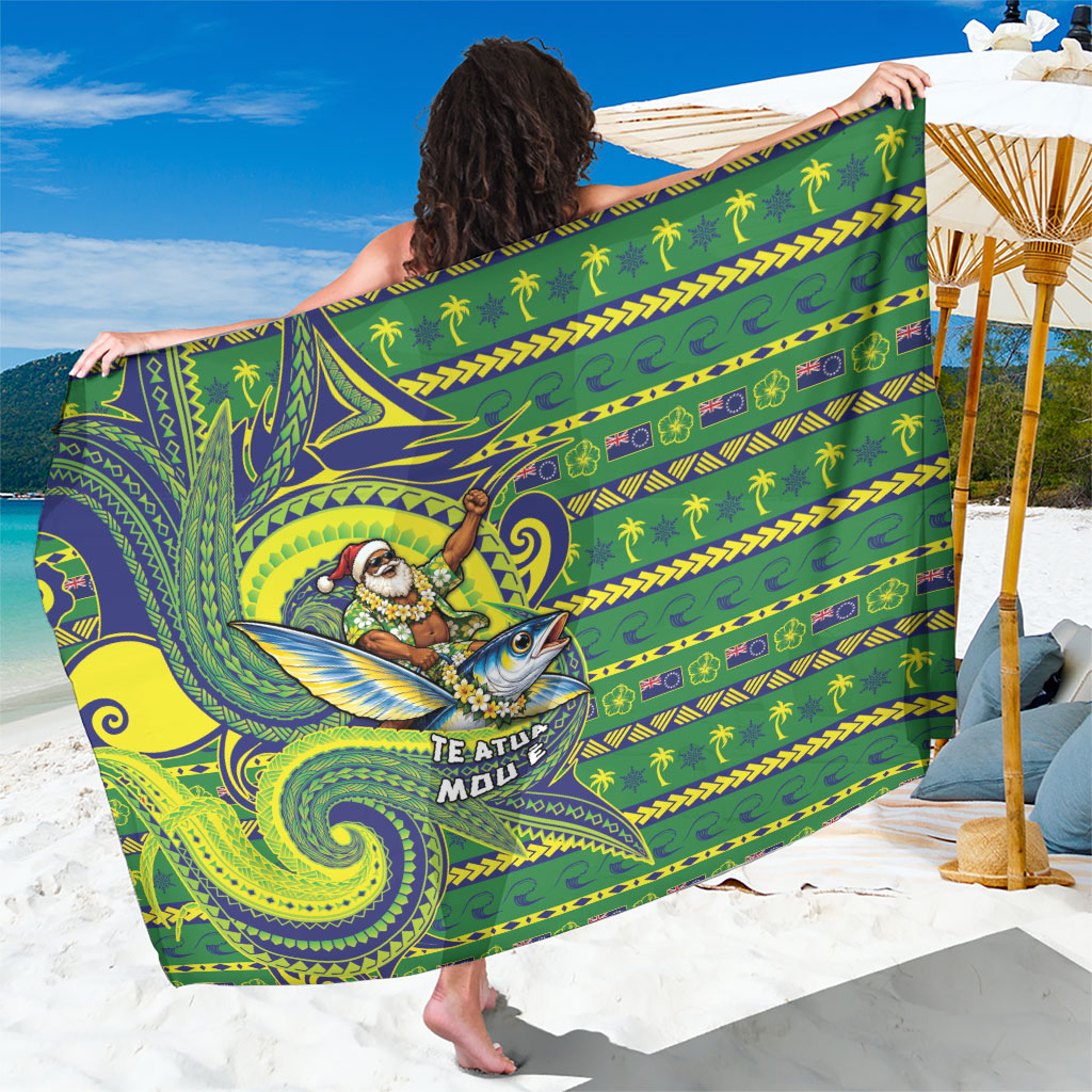 Cook Islands Christmas Sarong Santa Riding Flying Fish DT05 One Size 44 x 66 inches Green - Polynesian Pride