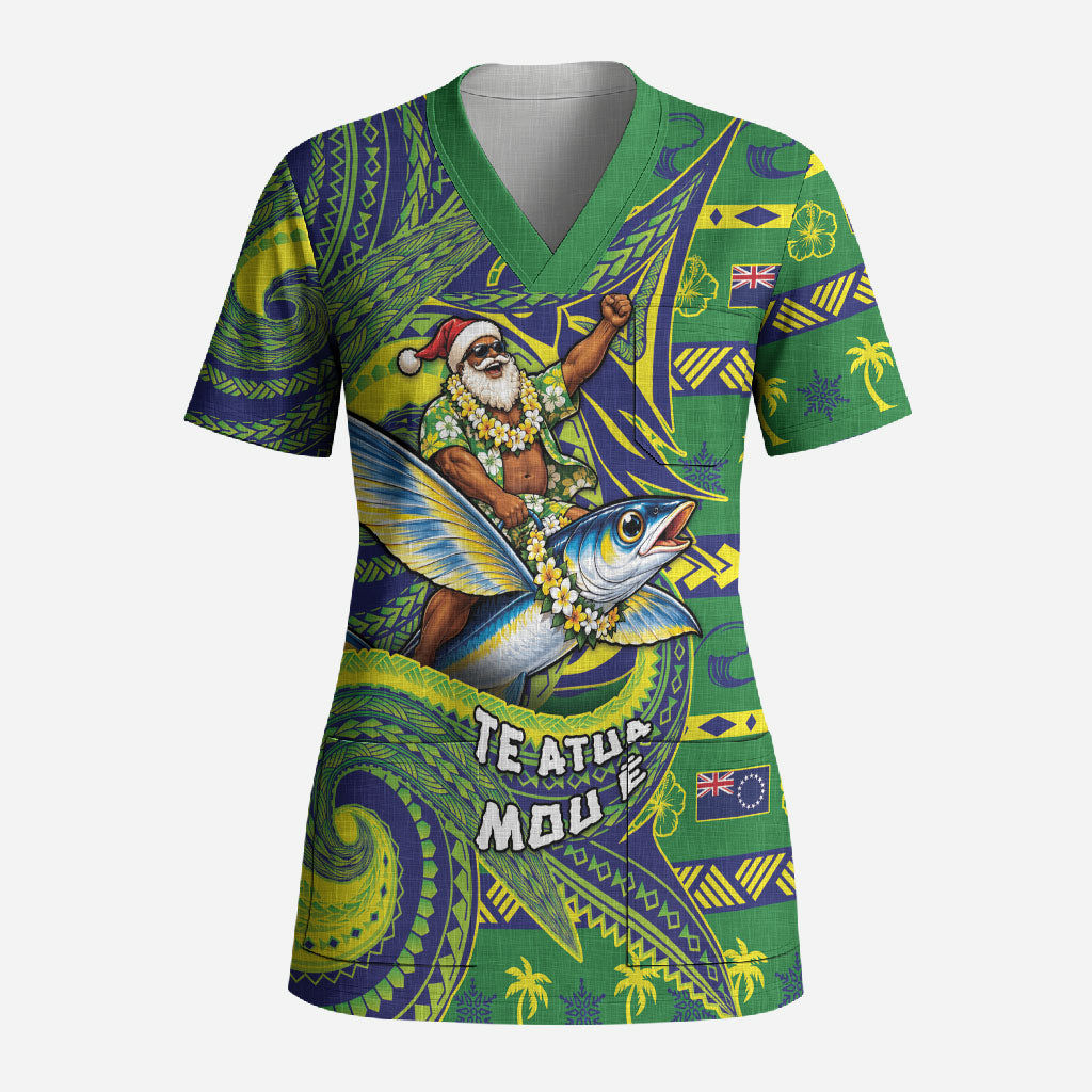Cook Islands Christmas Scrub Top Santa Riding Flying Fish
