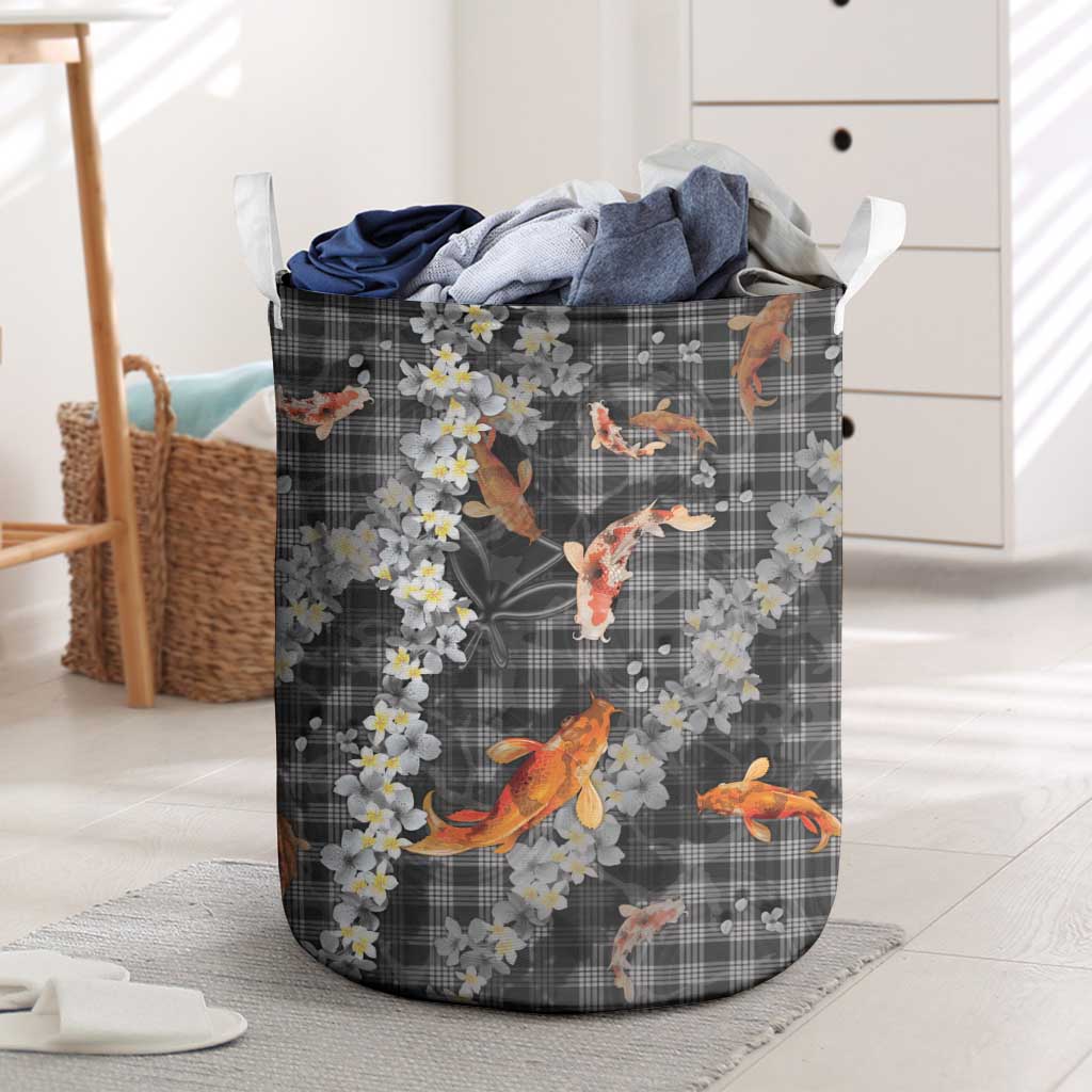 Black Palaka Hawaiian And Japanese Laundry Basket Sakura Lei With Koi Fish - Polynesian Pride