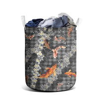 Black Palaka Hawaiian And Japanese Laundry Basket Sakura Lei With Koi Fish - Polynesian Pride