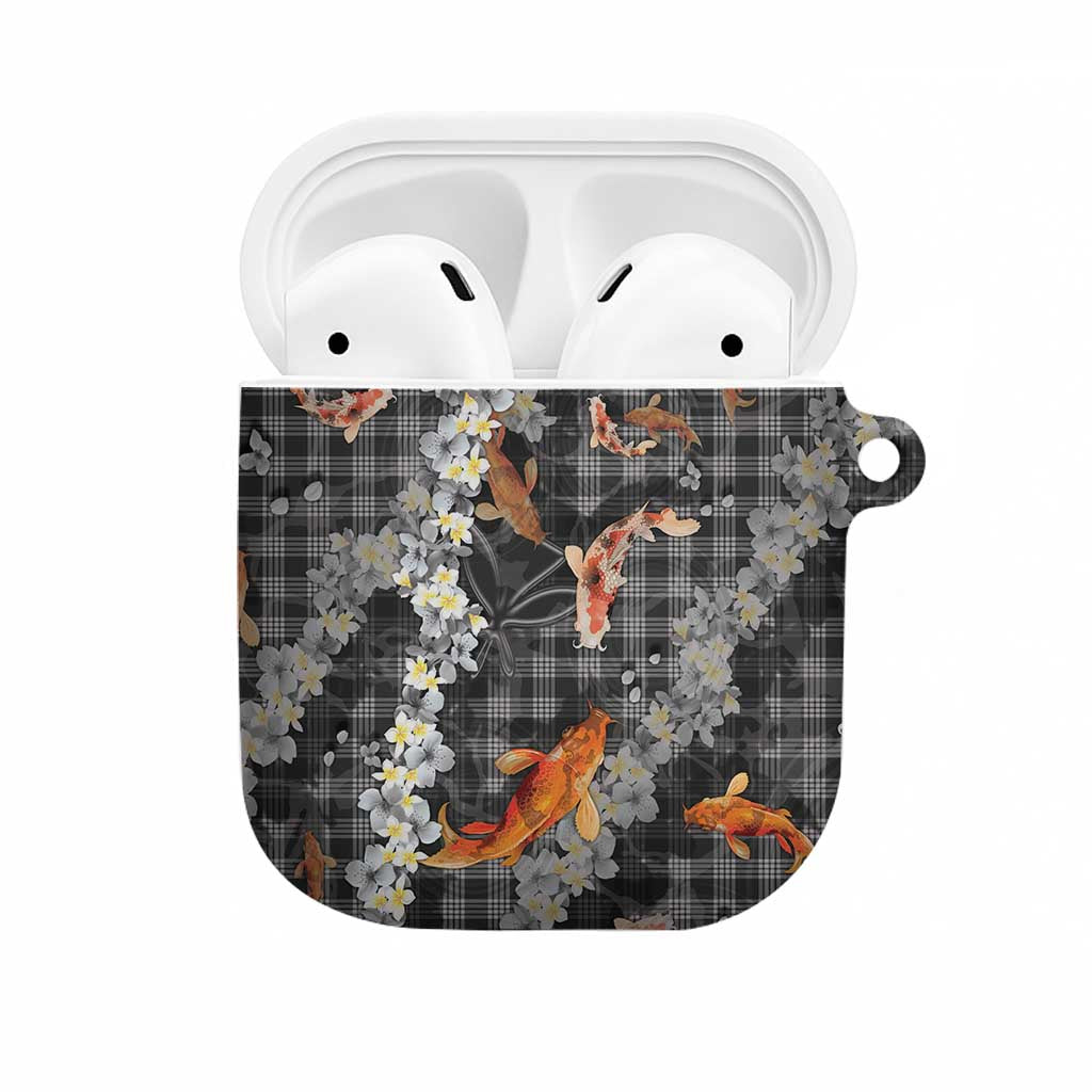 Black Palaka Hawaiian And Japanese AirPods Case Sakura Lei With Koi Fish DT05 Black - Polynesian Pride