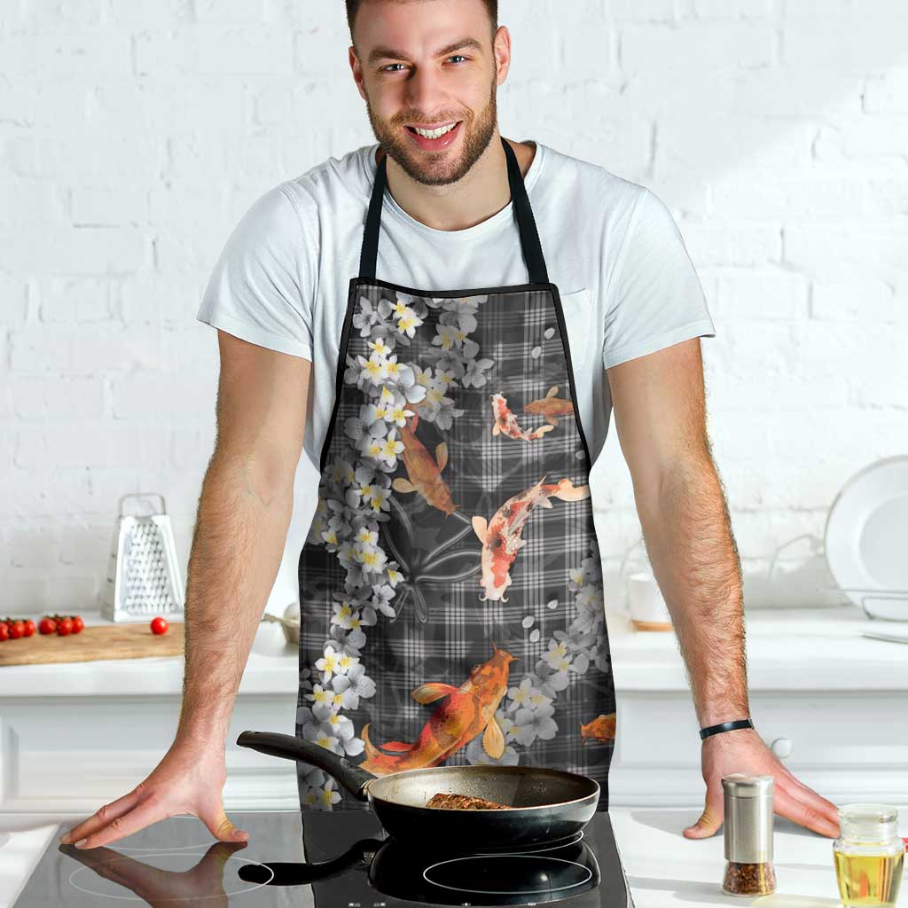 Black Palaka Hawaiian And Japanese Apron Sakura Lei With Koi Fish - Polynesian Pride