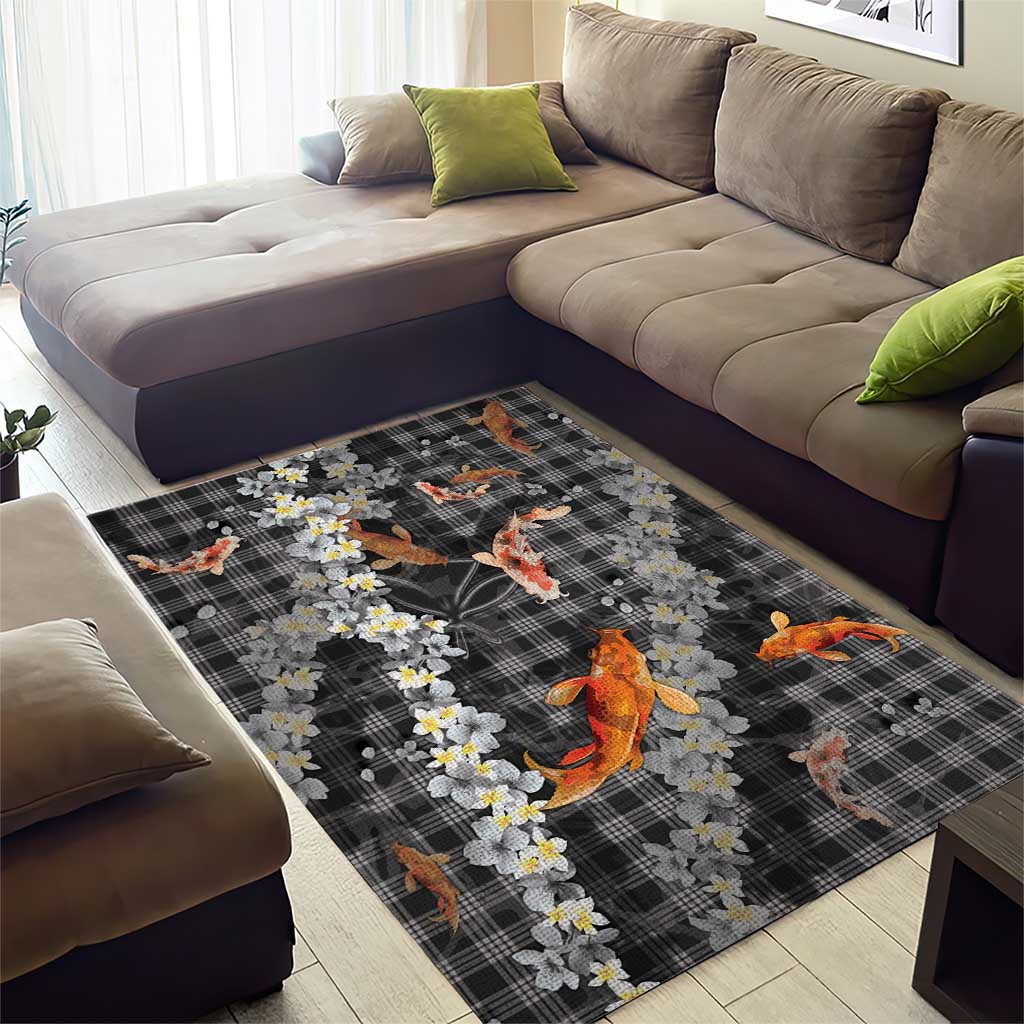 Black Palaka Hawaiian And Japanese Area Rug Sakura Lei With Koi Fish - Polynesian Pride