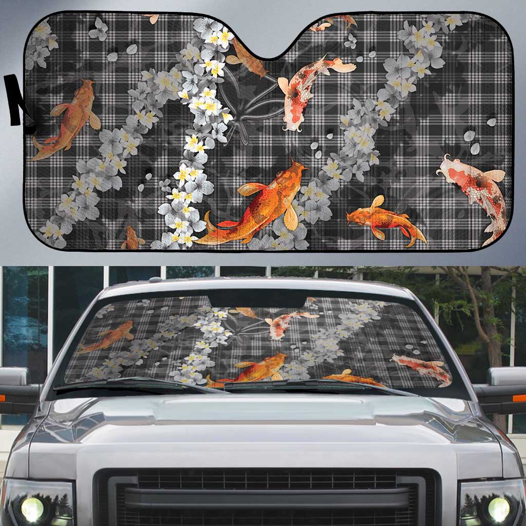 Black Palaka Hawaiian And Japanese Auto Sun Shade Sakura Lei With Koi Fish DT05 Black - Polynesian Pride