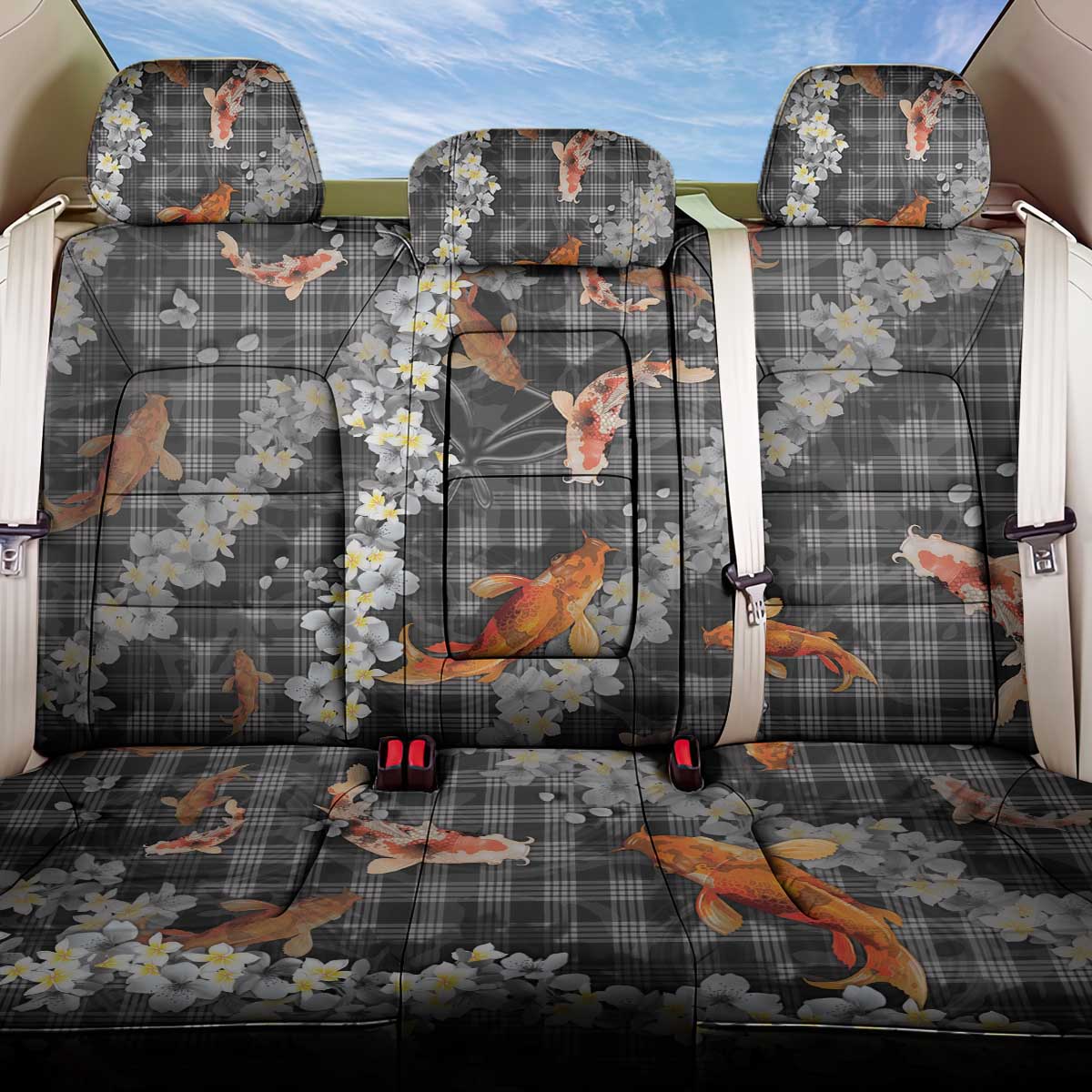 Black Palaka Hawaiian And Japanese Back Car Seat Cover Sakura Lei With Koi Fish - Polynesian Pride