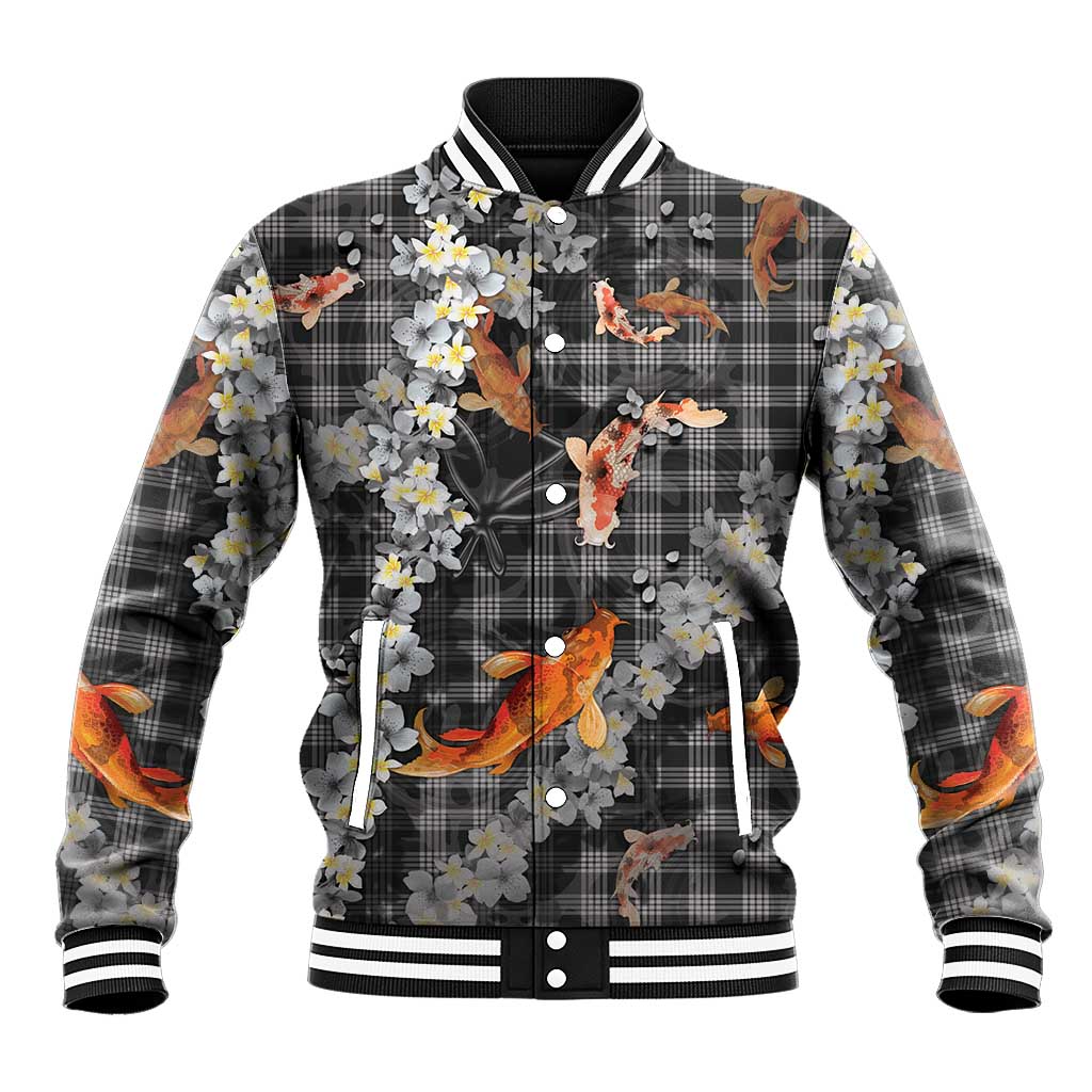 Black Palaka Hawaiian And Japanese Baseball Jacket Sakura Lei With Koi Fish - Polynesian Pride