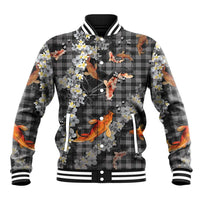 Black Palaka Hawaiian And Japanese Baseball Jacket Sakura Lei With Koi Fish - Polynesian Pride