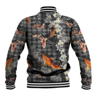 Black Palaka Hawaiian And Japanese Baseball Jacket Sakura Lei With Koi Fish - Polynesian Pride