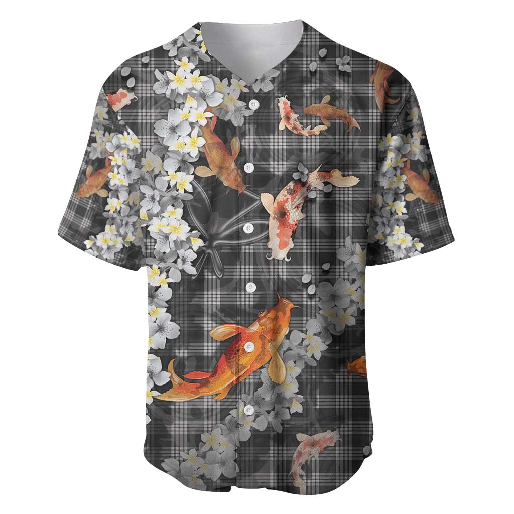 Black Palaka Hawaiian And Japanese Baseball Jersey Sakura Lei With Koi Fish - Polynesian Pride
