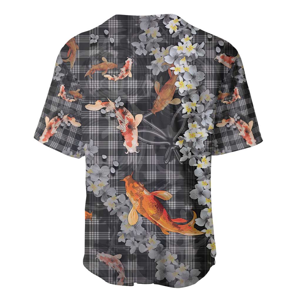Black Palaka Hawaiian And Japanese Baseball Jersey Sakura Lei With Koi Fish - Polynesian Pride