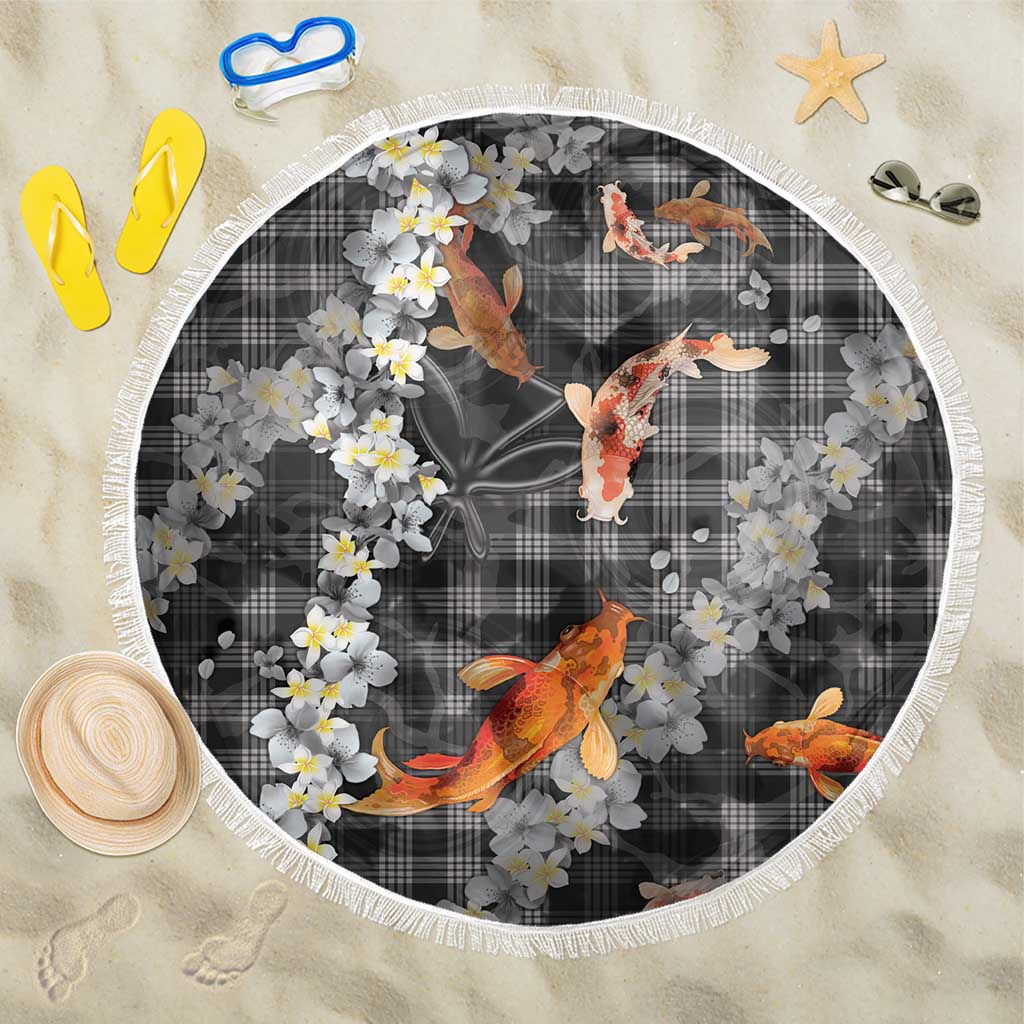 Black Palaka Hawaiian And Japanese Beach Blanket Sakura Lei With Koi Fish - Polynesian Pride