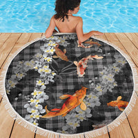 Black Palaka Hawaiian And Japanese Beach Blanket Sakura Lei With Koi Fish - Polynesian Pride