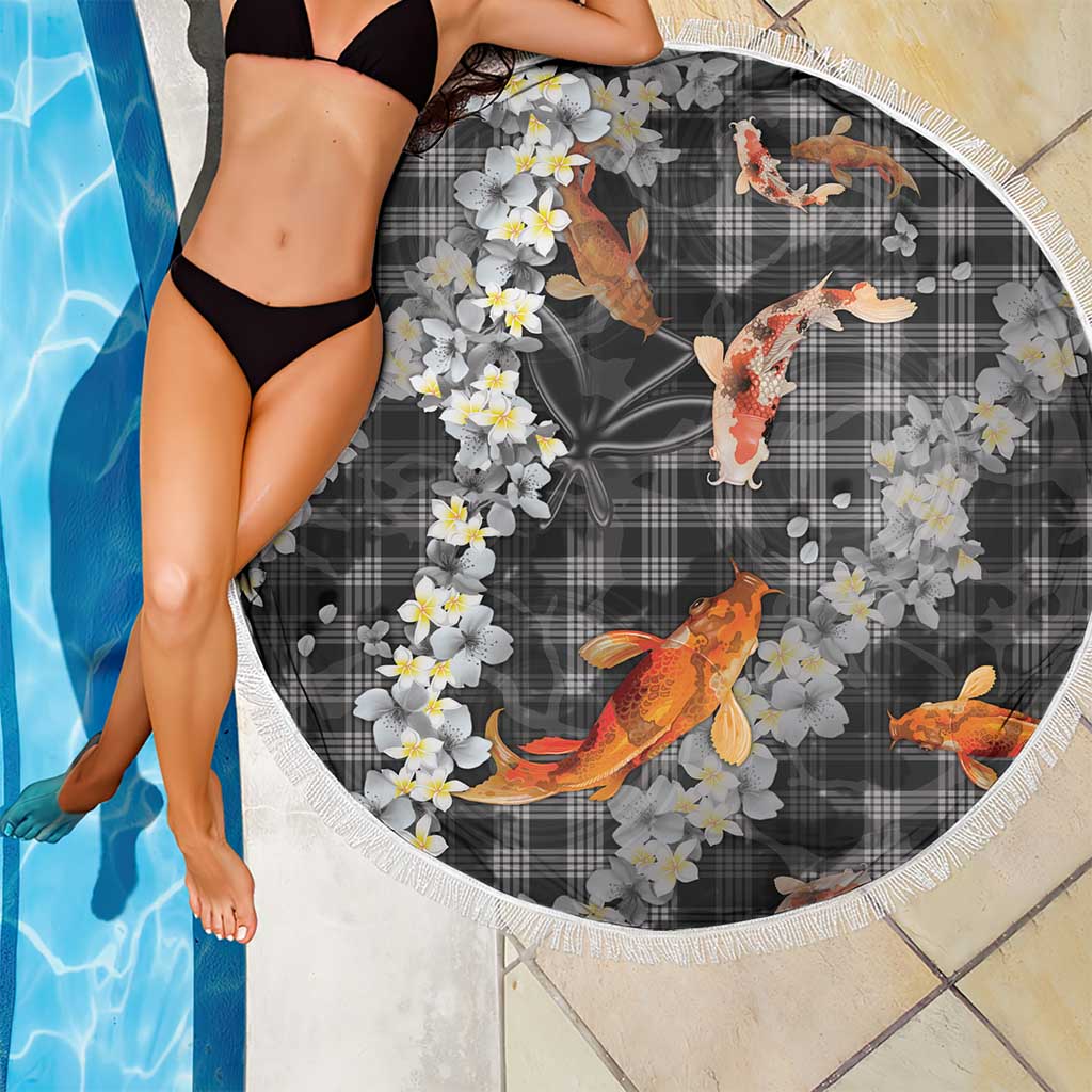 Black Palaka Hawaiian And Japanese Beach Blanket Sakura Lei With Koi Fish - Polynesian Pride