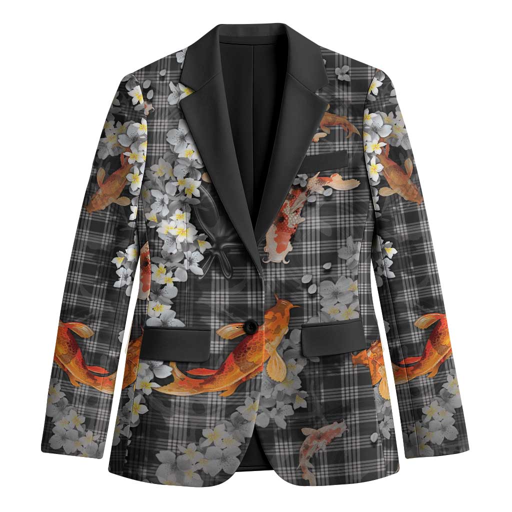 Black Palaka Hawaiian And Japanese Blazer Sakura Lei With Koi Fish - Polynesian Pride