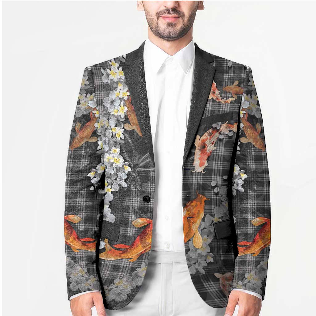 Black Palaka Hawaiian And Japanese Blazer Sakura Lei With Koi Fish - Polynesian Pride