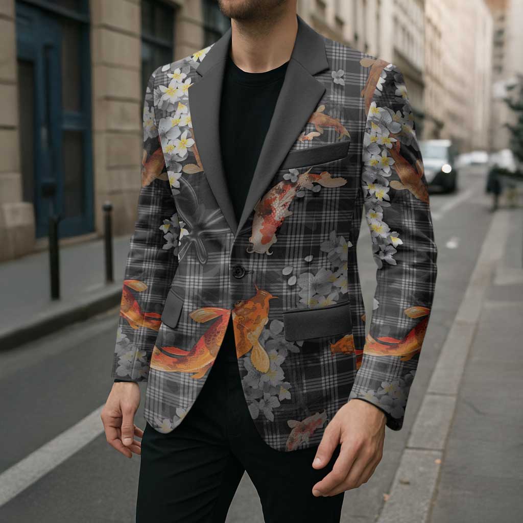 Black Palaka Hawaiian And Japanese Blazer Sakura Lei With Koi Fish - Polynesian Pride