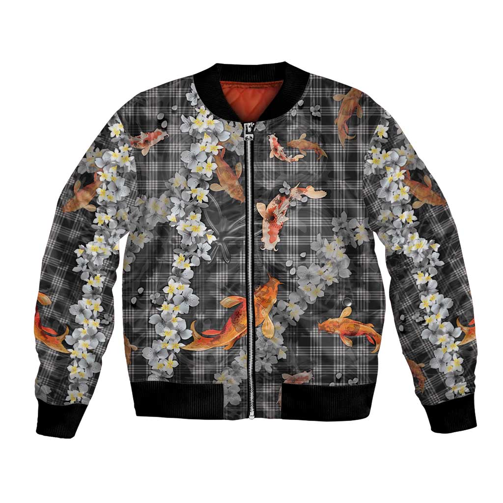 Black Palaka Hawaiian And Japanese Bomber Jacket Sakura Lei With Koi Fish - Polynesian Pride