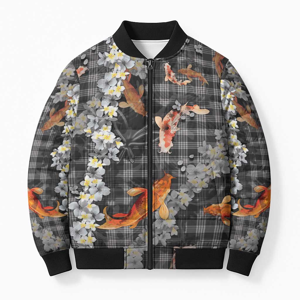 Black Palaka Hawaiian And Japanese Bomber Puffer Jacket Sakura Lei With Koi Fish DT05 Unisex Black - Polynesian Pride