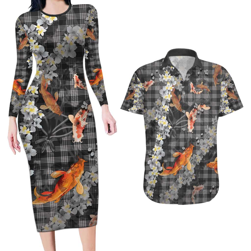 Black Palaka Hawaiian And Japanese Couples Matching Long Sleeve Bodycon Dress and Hawaiian Shirt Sakura Lei With Koi Fish - Polynesian Pride