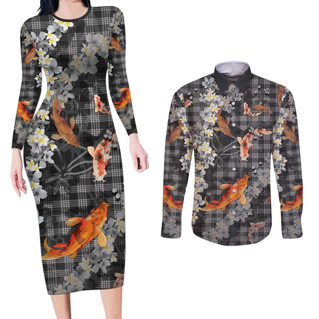 Black Palaka Hawaiian And Japanese Couples Matching Long Sleeve Bodycon Dress and Long Sleeve Button Shirt Sakura Lei With Koi Fish - Polynesian Pride
