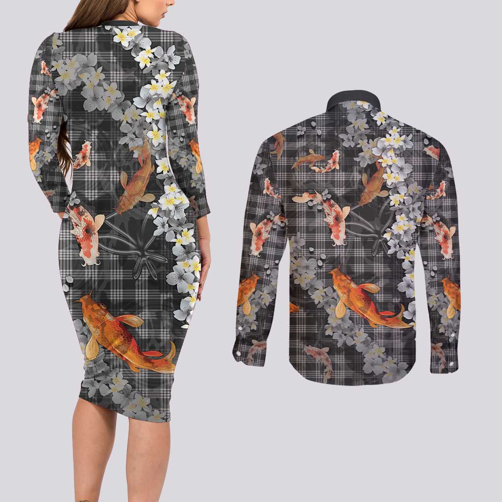 Black Palaka Hawaiian And Japanese Couples Matching Long Sleeve Bodycon Dress and Long Sleeve Button Shirt Sakura Lei With Koi Fish - Polynesian Pride