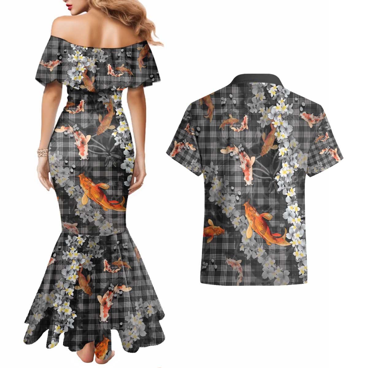 Black Palaka Hawaiian And Japanese Couples Matching Mermaid Dress and Hawaiian Shirt Sakura Lei With Koi Fish - Polynesian Pride