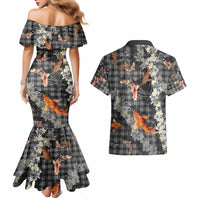 Black Palaka Hawaiian And Japanese Couples Matching Mermaid Dress and Hawaiian Shirt Sakura Lei With Koi Fish - Polynesian Pride