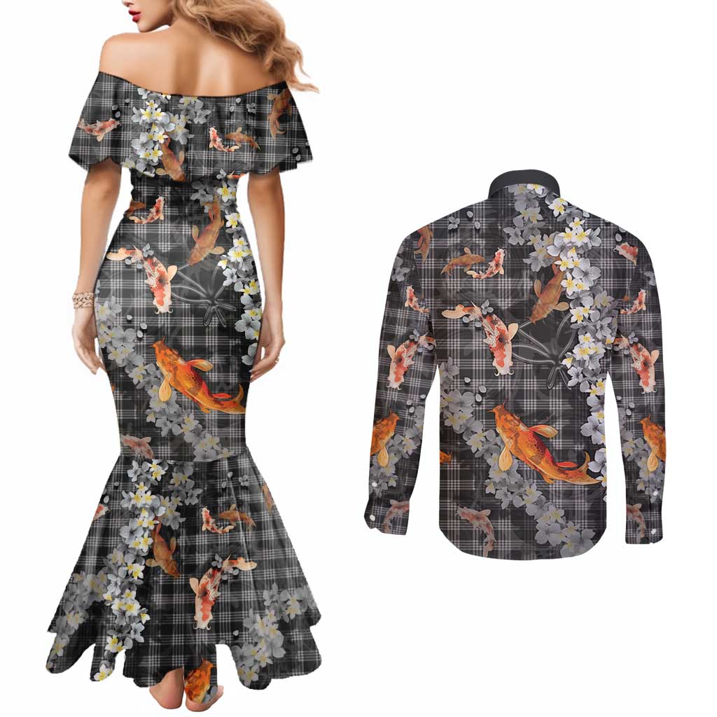 Black Palaka Hawaiian And Japanese Couples Matching Mermaid Dress and Long Sleeve Button Shirt Sakura Lei With Koi Fish - Polynesian Pride